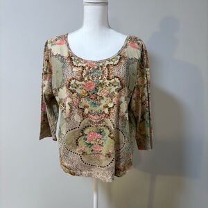 Boho Floral Tapestry Print Cotton Top Sequin Accent Cottagecore 3/4 Sleeve L